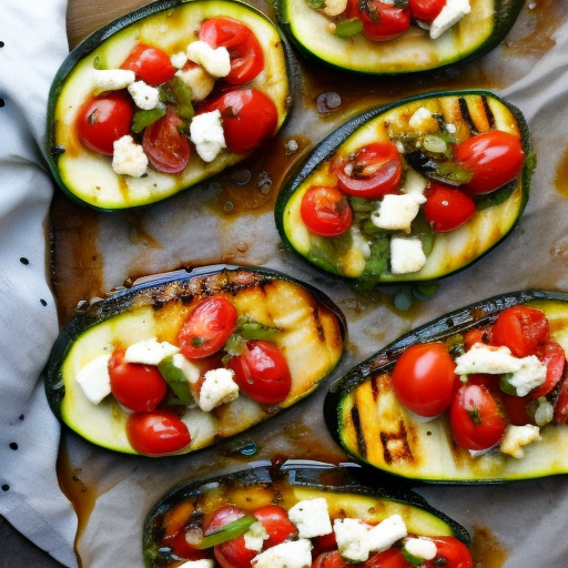 Grilled Zucchini and Tomato Bruschetta with Feta Cheese and Balsamic Reduction