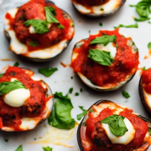 Miniature Meatball Stuffed Portobello Mushrooms with Marinara Sauce and Mozzarella Cheese