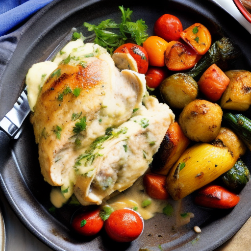 Savory Stuffed Chicken with Garlic Mashed Potatoes and Roasted Vegetables