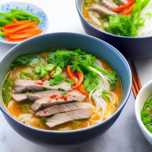 Vietnamese Grilled Beef Pho Soup With Rice Noodles And Herbs