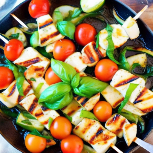 Grilled Halloumi Cheese and Cherry Tomato Skewers with Basil