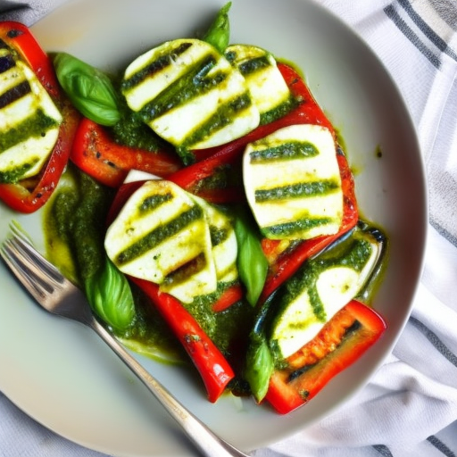 Grilled Halloumi with Roasted Red Peppers and Basil Pesto