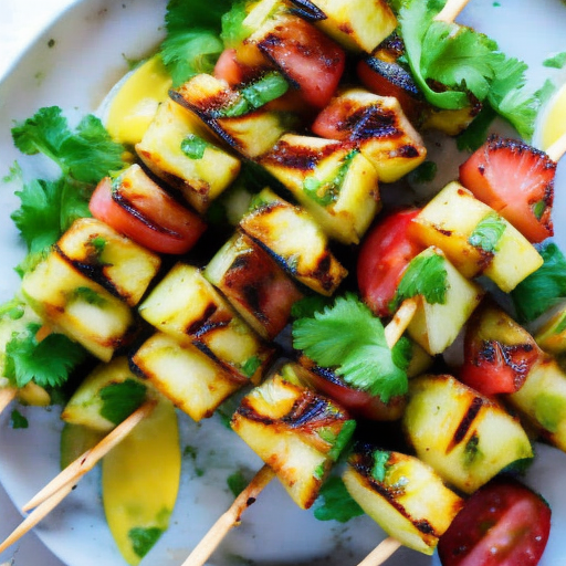 Grilled Pineapple and Shrimp Salad Skewers with Cilantro Lime Dressing