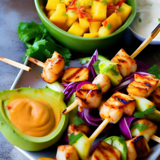 Grilled Shrimp and Pineapple Salad Skewers with Mango Sriracha Dressing