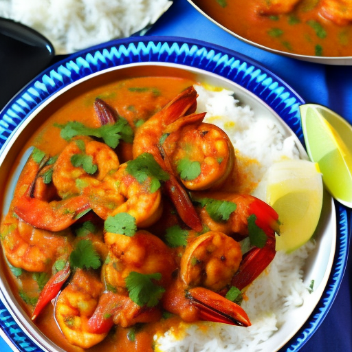 Indian Spicy Grilled Shrimp Curry With Coconut Milk And Basmati Rice