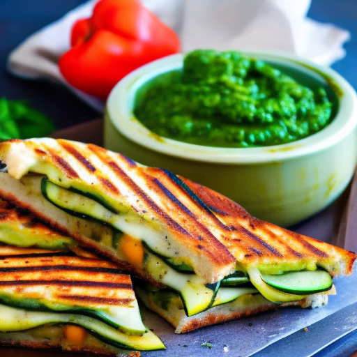 Italian Grilled Zucchini And Bell Pepper Panini With Mozzarella Cheese And Pesto Sauce