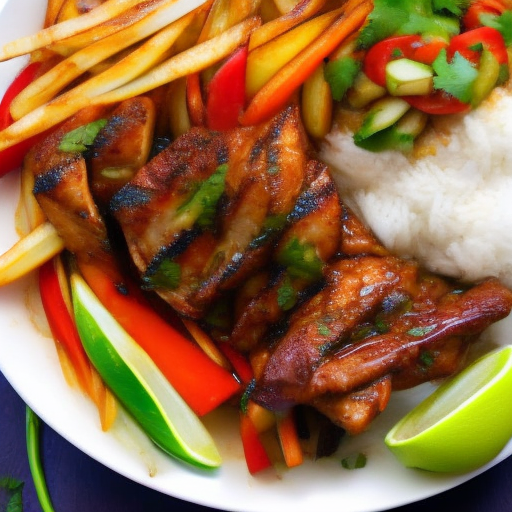 Peruvian Grilled Chicken Lomo Saltado With French Fries And Rice