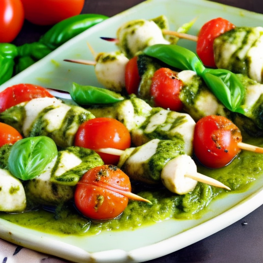 Pesto Chicken Skewers with Cherry Tomatoes and Mozzarella Balls