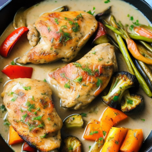 Savory Herb Chicken with Garlic Mashed Potatoes and Roasted Vegetables