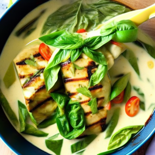 Thai Grilled Green Curry Fish Fillets With Coconut Milk And Basil Leaves