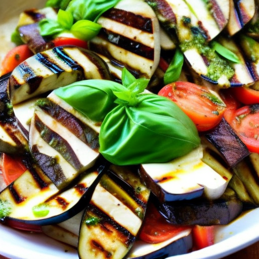 Grilled Eggplant and Mozzarella Salad with Basil Pesto and Balsamic Reduction