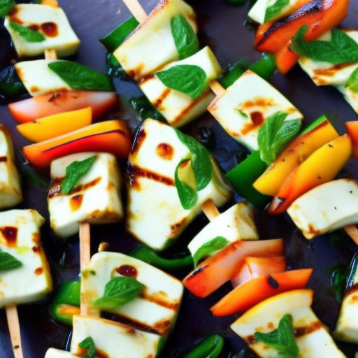 Grilled Halloumi Cheese and Mango Skewers with Mint Jalapeno Glaze