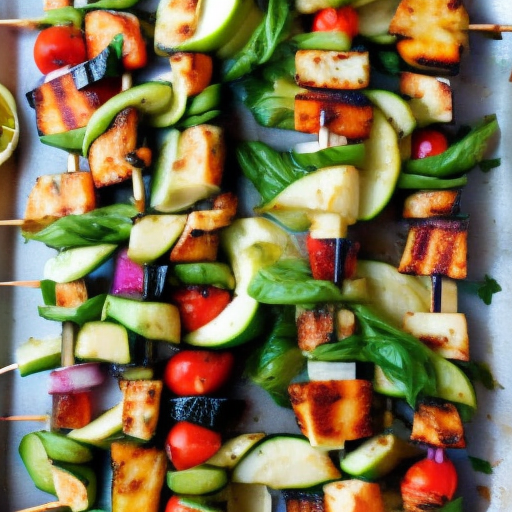 Grilled Vegetable and Halloumi Cheese Salad Skewers with Lemon Rosemary Dressing