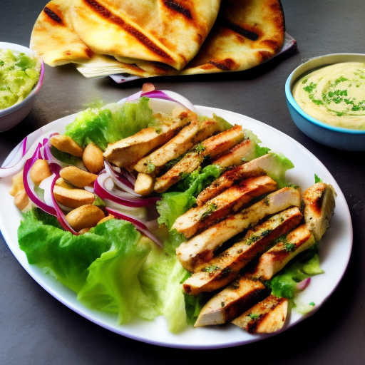 Turkish Grilled Chicken Shawarma With Hummus And Salad