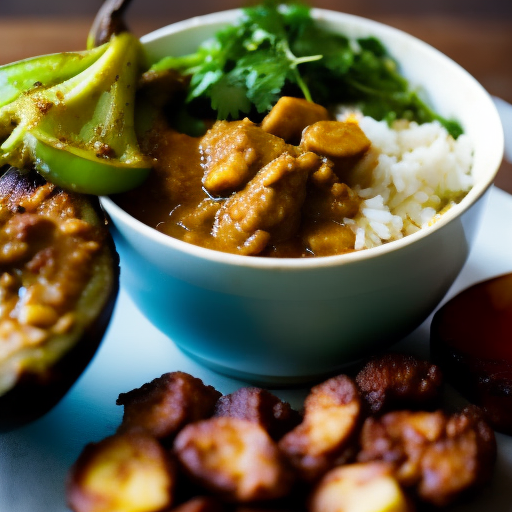 Jamaican Grilled Curry Goat Stew With Rice And Peas And Fried Plantains