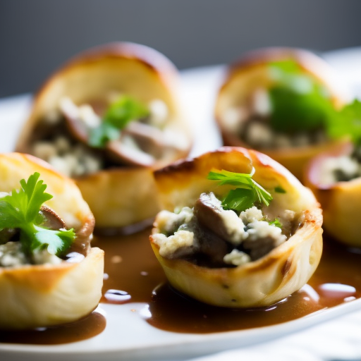 Mini Beef and Blue Cheese Wellington Bites with Mushroom Sauce