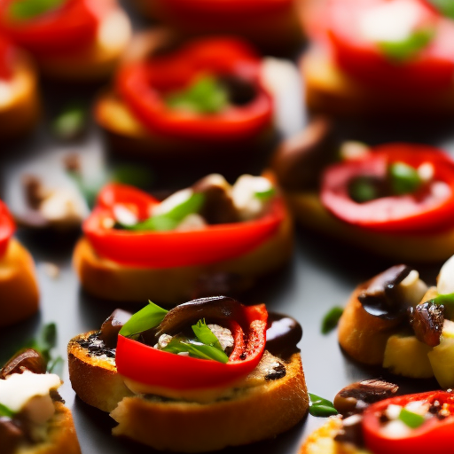 Roasted Red Pepper and Goat Cheese Crostini with Caramelized Mushrooms