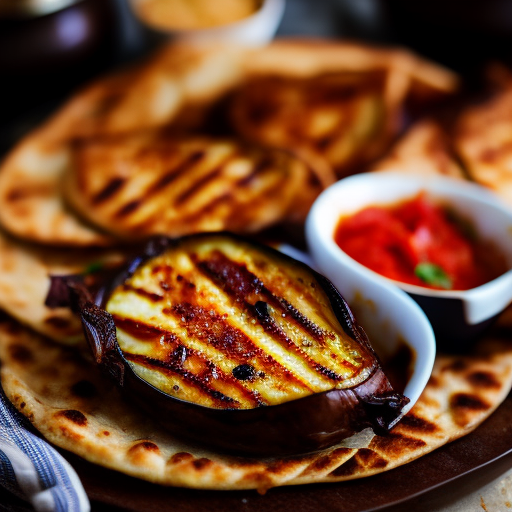 Turkish Grilled Eggplant Imam Bayildi With Tomato Salad And Pita Bread