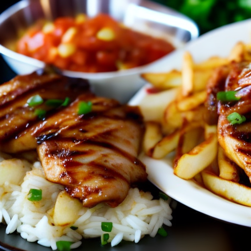 Peruvian Grilled Chicken Saltado With French Fries And Rice