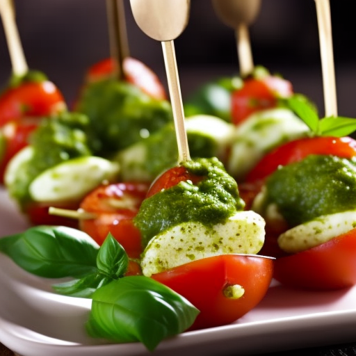 Tomato and Mozzarella Skewers with Pesto Sauce